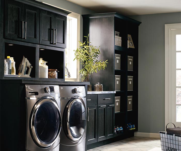 Cotter dark grey laundry cabinets in Storm finish